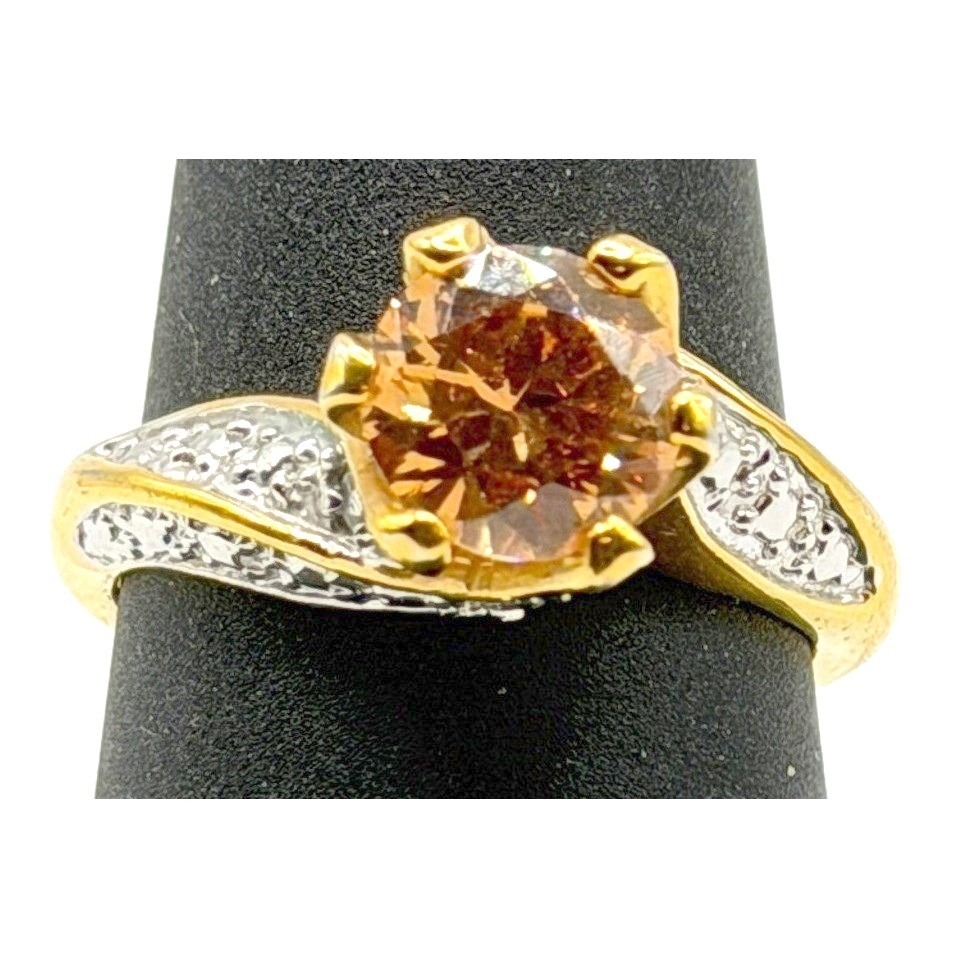Topaz Color Crystal Solitaire Cocktail Ring Gold Tone Size 775 Vintage Style 24$